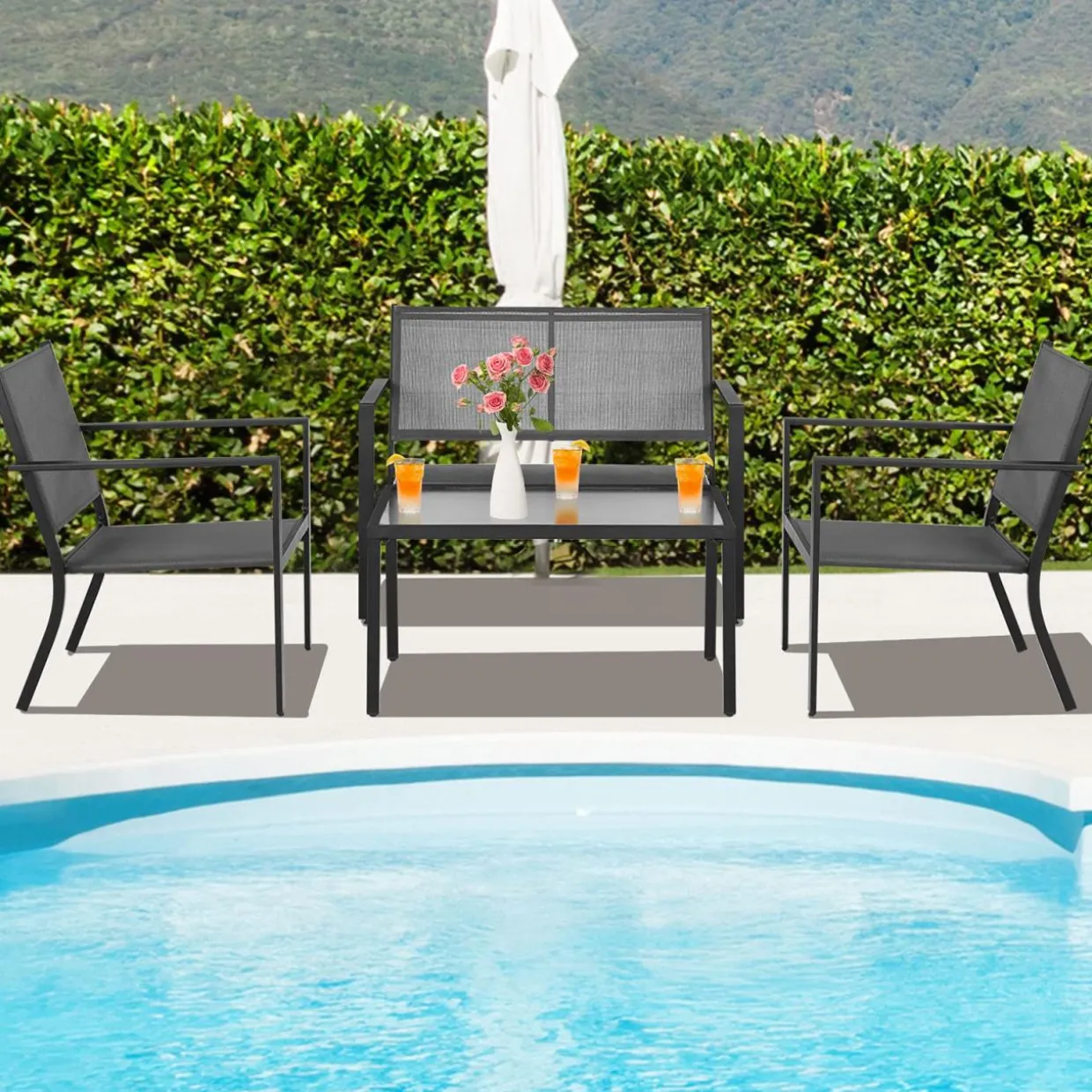 Tangkula 4 Pieces Patio Furniture Set, Outdoor Sectional Conversation Set