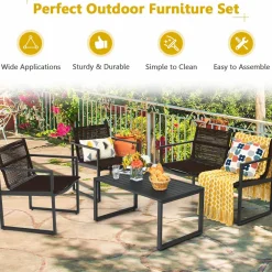 Tangkula 4 Pieces Patio Furniture Set, Outdoor Conversation Sofa Set with Coffee Table
