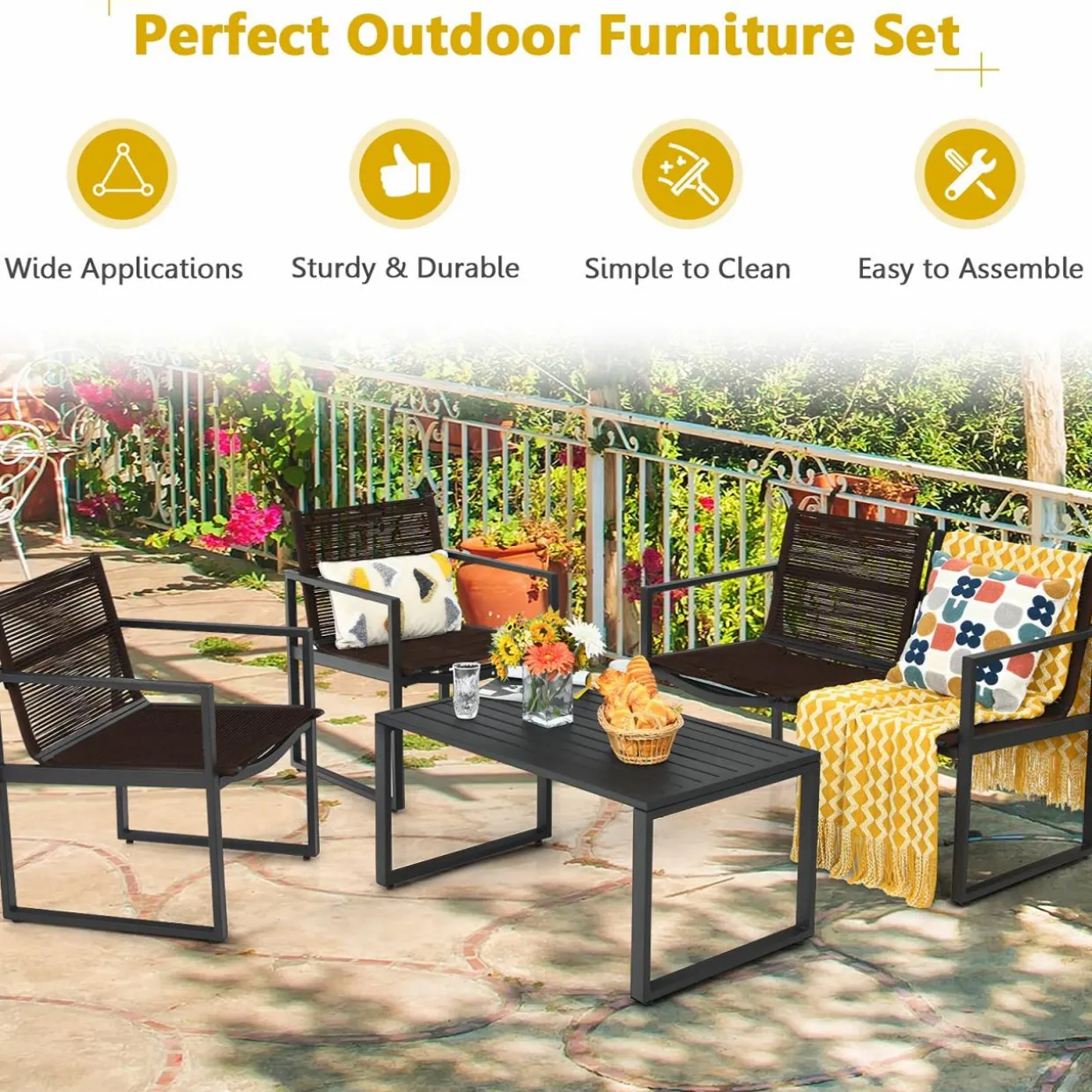 Tangkula 4 Pieces Patio Furniture Set, Outdoor Conversation Sofa Set with Coffee Table