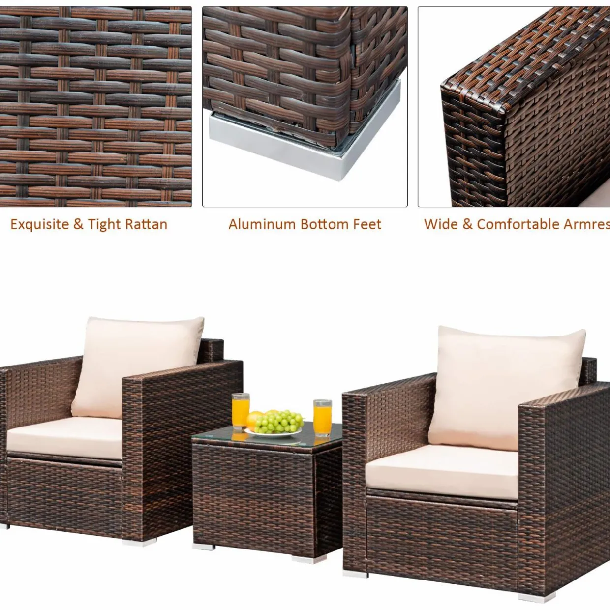 Tangkula 3 Pieces Patio Furniture Set, Outdoor Conversation Rattan Furniture Set