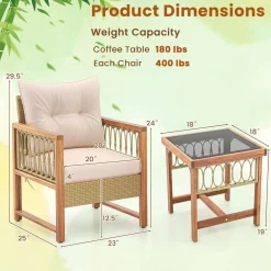 Tangkula 3 Pieces Patio Furniture Set, Outdoor PE Wicker Conversation Bistro Set with Acacia Wood Frame