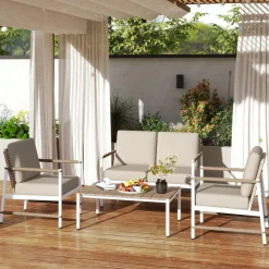 Tangkula 2 Pieces Patio Furniture Set, Outdoor Aluminum Conversation Set with Thick Cushions