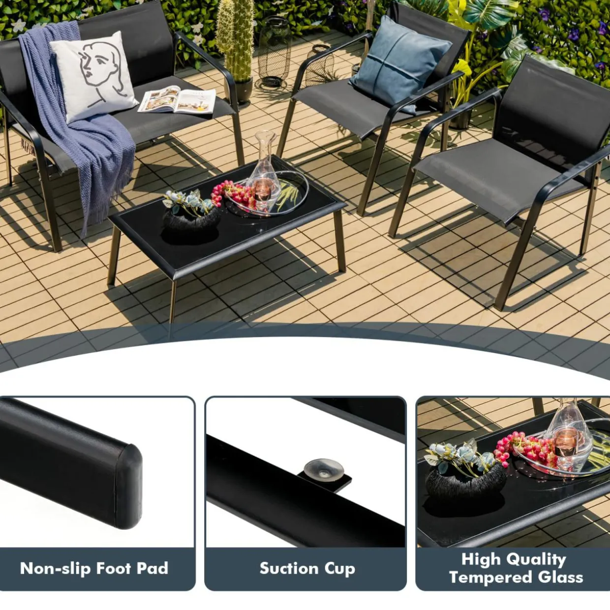 Tangkula 4 Pieces Patio Furniture Set, Outdoor Conversation Set with Tempered Glass Coffee Table
