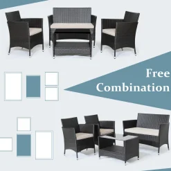 Tangkula 4 Pieces Patio Furniture Set, Patiojoy Outdoor PE Wicker Conversation Set with Soft Cushions and Tempered Glass Tabletop