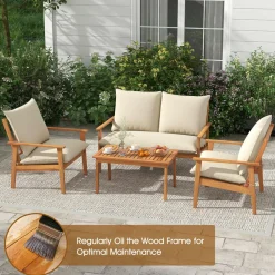 Tangkula 4 Pieces Patio Furniture Set, Outdoor Acacia Wood Conversation Set with Soft Cushions and Coffee Table