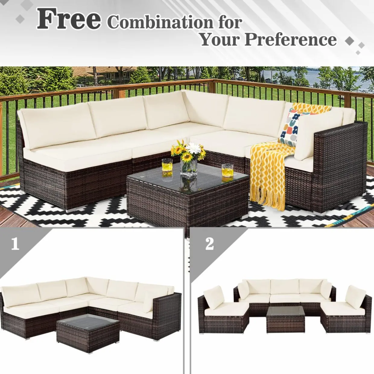 Tangkula 6 Pieces Patio Furniture Set, Outdoor Wicker Conversation Set with Glass Coffee Table