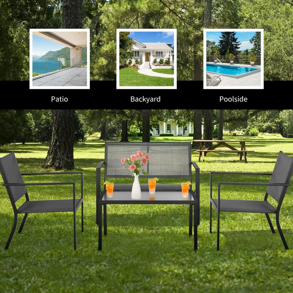 Tangkula 4 Pieces Patio Furniture Set, Outdoor Sectional Conversation Set