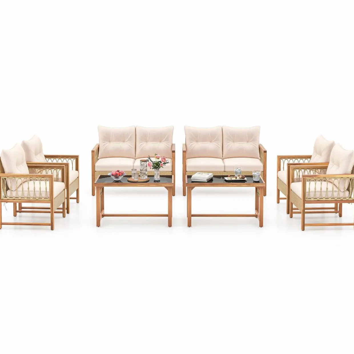 Tangkula 4 Pieces Patio Furniture Set, Outdoor PE Wicker Conversation Bistro Set with Acacia Wood Frame