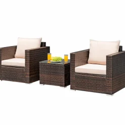 Tangkula 3 Pieces Patio Furniture Set, Outdoor Conversation Rattan Furniture Set