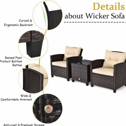 Tangkula 3 Pieces Patio Furniture Set, PE Rattan Wicker 3 Pcs Outdoor Sofa Set