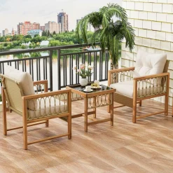 Tangkula 3 Pieces Patio Furniture Set, Outdoor PE Wicker Conversation Bistro Set with Acacia Wood Frame