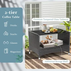 Tangkula 4 Pieces Patio Furniture Set, Patiojoy Outdoor PE Wicker Conversation Set with Soft Cushions and Tempered Glass Tabletop