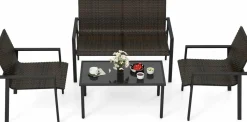 Tangkula 4 Pieces Patio Furniture Set, Patiojoy Heavy Duty Galvanized Metal Frame Outdoor Wicker Table and Chairs Set