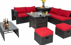 Tangkula 9 Pieces Patio Furniture Set with 32” Fire Pit Table, 50,000 BTU Square Propane Fire Pit