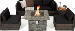 Tangkula 7 Pieces Patio Furniture Set with 50,000 BTU Fire Pit Table, Outdoor PE Wicker Conversation Sofa Set with Cushions