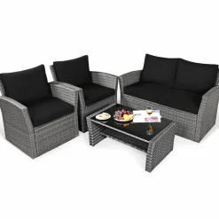 Tangkula 4 Pieces Patio Furniture Set, Outdoor Conversation Set with Cushions and Coffee Table