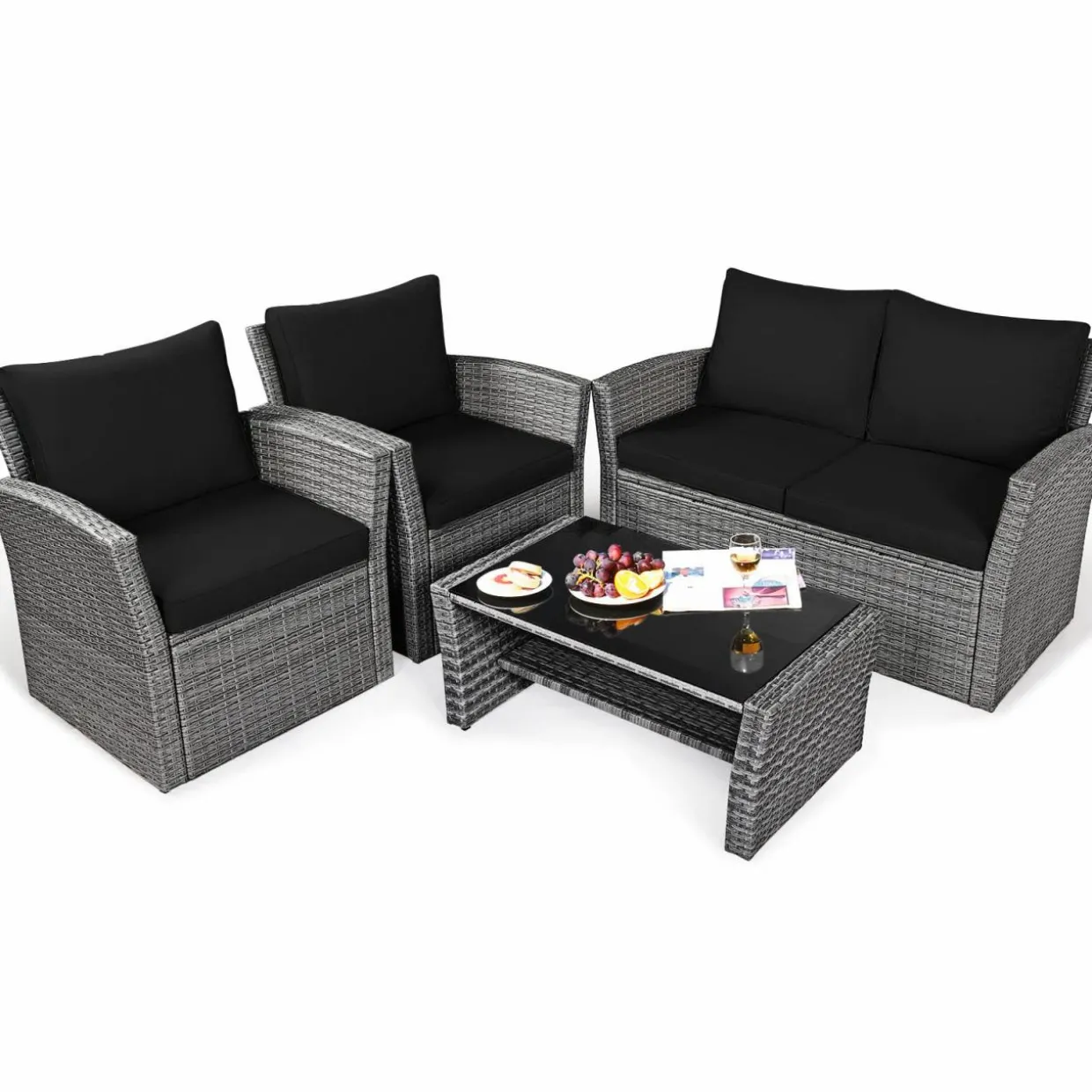 Tangkula 4 Pieces Patio Furniture Set, Outdoor Conversation Set with Cushions and Coffee Table