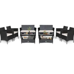 Tangkula 4 Pieces Patio Furniture Set, Patiojoy Outdoor PE Wicker Conversation Set with Soft Cushions and Tempered Glass Tabletop