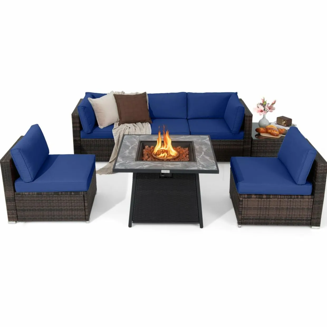 Tangkula 7 Pieces Patio Furniture Set with 35” 50000 BTU Propane Gas Fire Pit Table & Waterproof Cover for Firpit