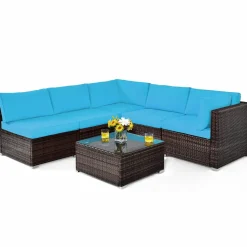 Tangkula 6 Pieces Patio Furniture Set, Outdoor Wicker Conversation Set with Glass Coffee Table