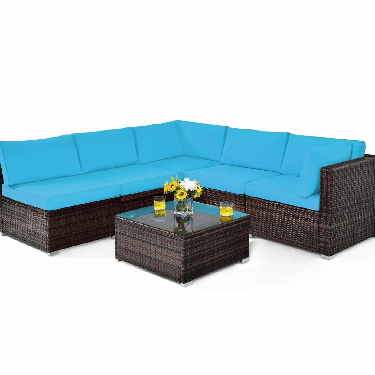 Tangkula 6 Pieces Patio Furniture Set, Outdoor Wicker Conversation Set with Glass Coffee Table