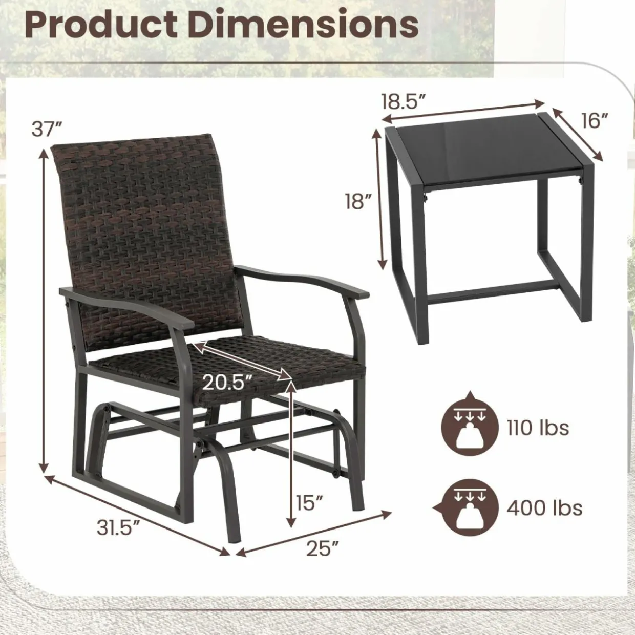 Tangkula 3 Pieces Patio Gliding Set