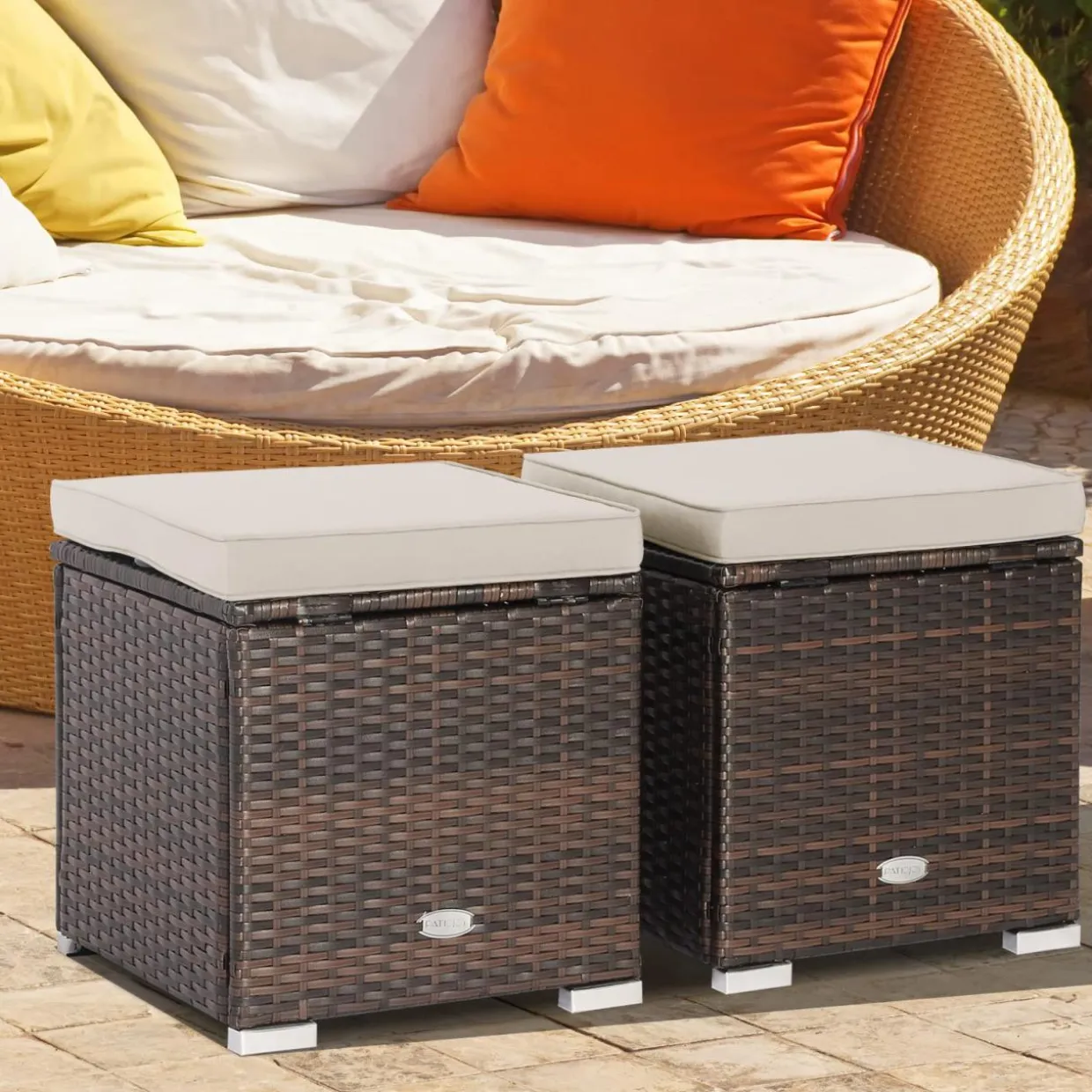 Tangkula 2 Pieces Patio Ottomans, Patiojoy Hand-Woven PE Rattan Side Table with Removable Cushion & Hidden Storage Space