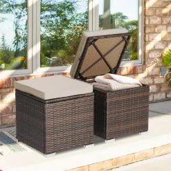 Tangkula 2 Pieces Patio Ottomans, Patiojoy Hand-Woven PE Rattan Side Table with Removable Cushion & Hidden Storage Space