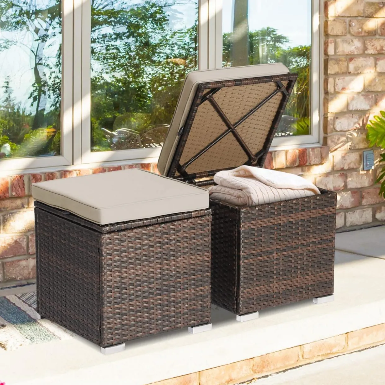 Tangkula 2 Pieces Patio Ottomans, Patiojoy Hand-Woven PE Rattan Side Table with Removable Cushion & Hidden Storage Space