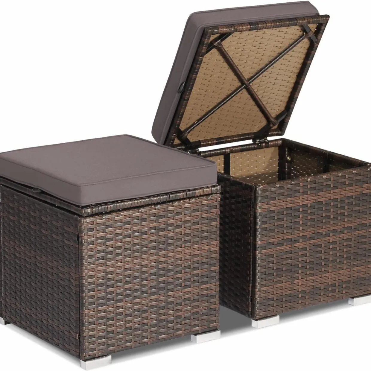 Tangkula 2 Pieces Patio Ottomans, Patiojoy Hand-Woven PE Rattan Side Table with Removable Cushion & Hidden Storage Space