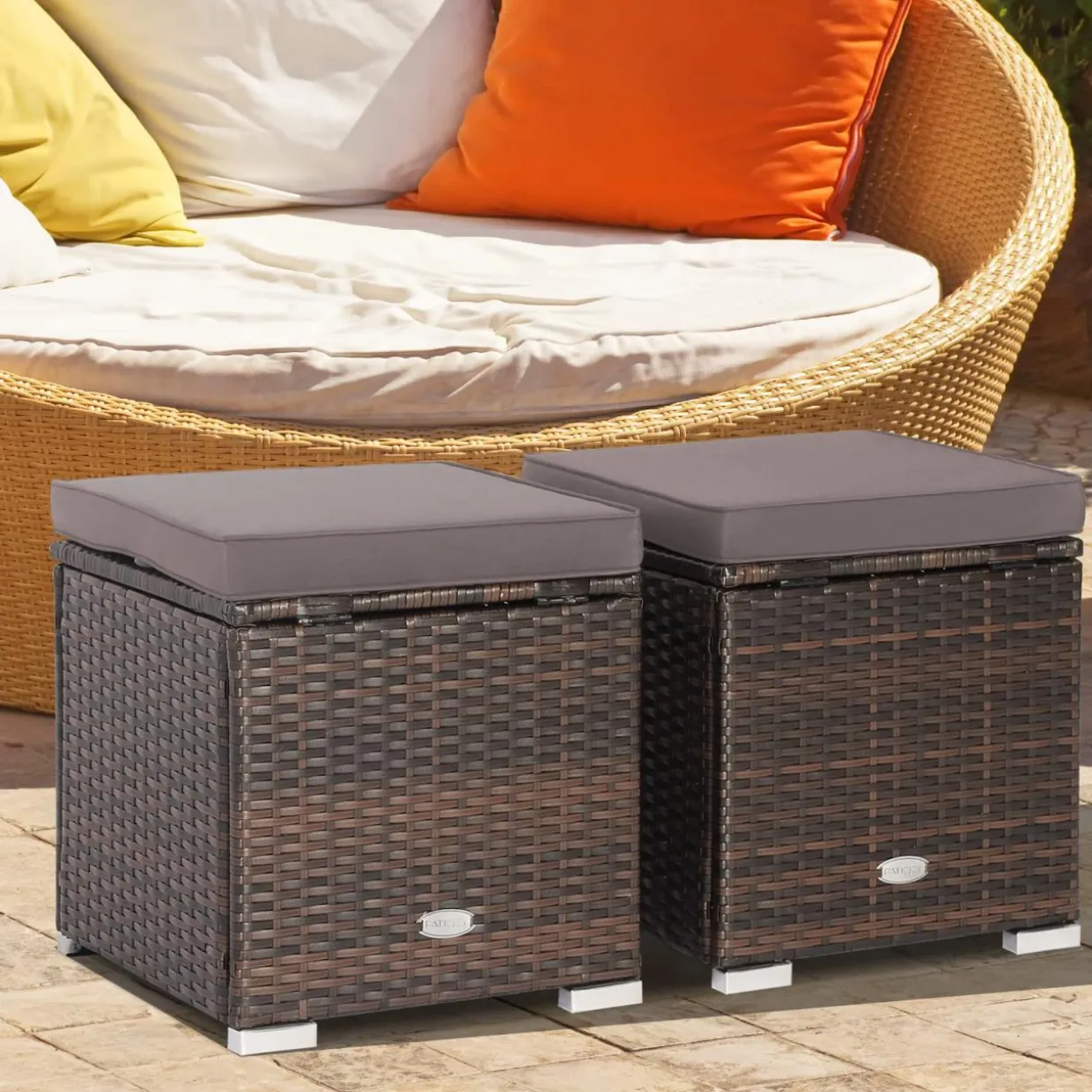 Tangkula 2 Pieces Patio Ottomans, Patiojoy Hand-Woven PE Rattan Side Table with Removable Cushion & Hidden Storage Space