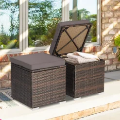 Tangkula 2 Pieces Patio Ottomans, Patiojoy Hand-Woven PE Rattan Side Table with Removable Cushion & Hidden Storage Space