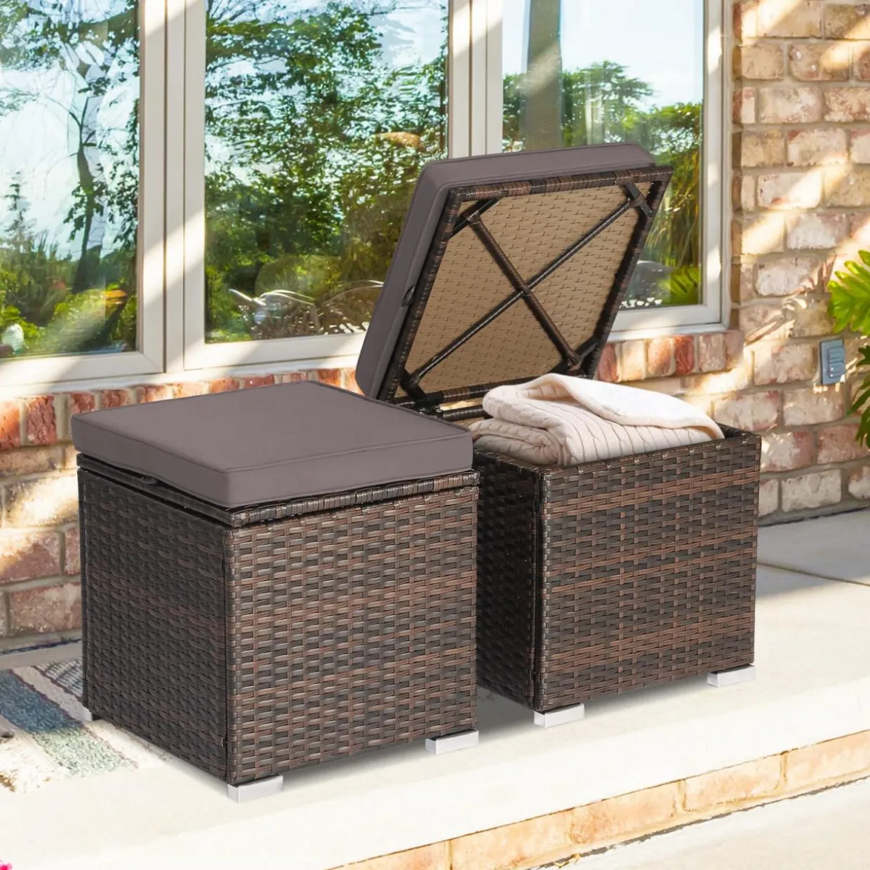 Tangkula 2 Pieces Patio Ottomans, Patiojoy Hand-Woven PE Rattan Side Table with Removable Cushion & Hidden Storage Space