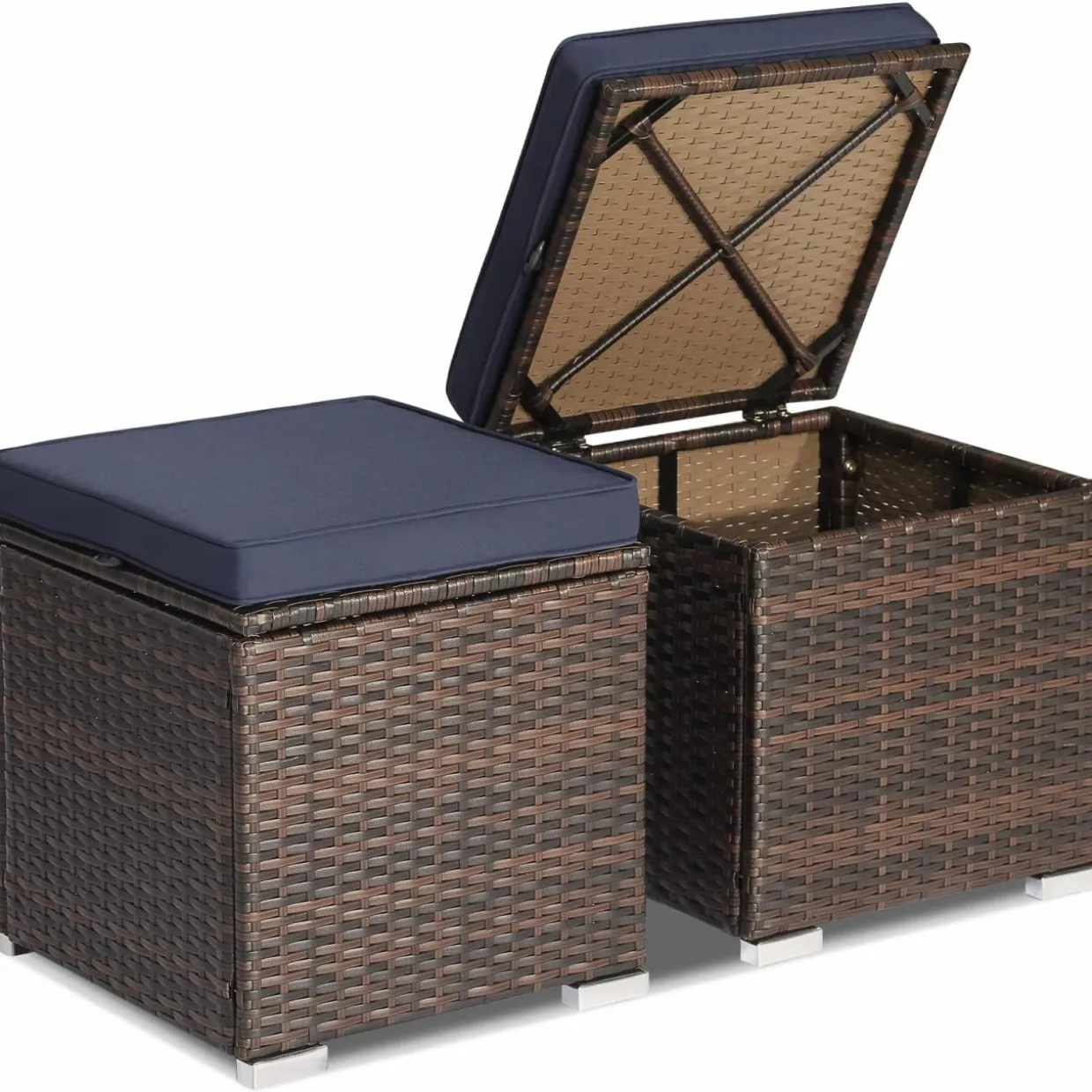 Tangkula 2 Pieces Patio Ottomans, Patiojoy Hand-Woven PE Rattan Side Table with Removable Cushion & Hidden Storage Space