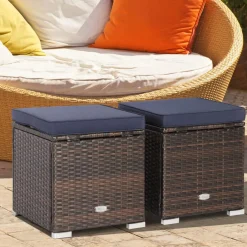 Tangkula 2 Pieces Patio Ottomans, Patiojoy Hand-Woven PE Rattan Side Table with Removable Cushion & Hidden Storage Space