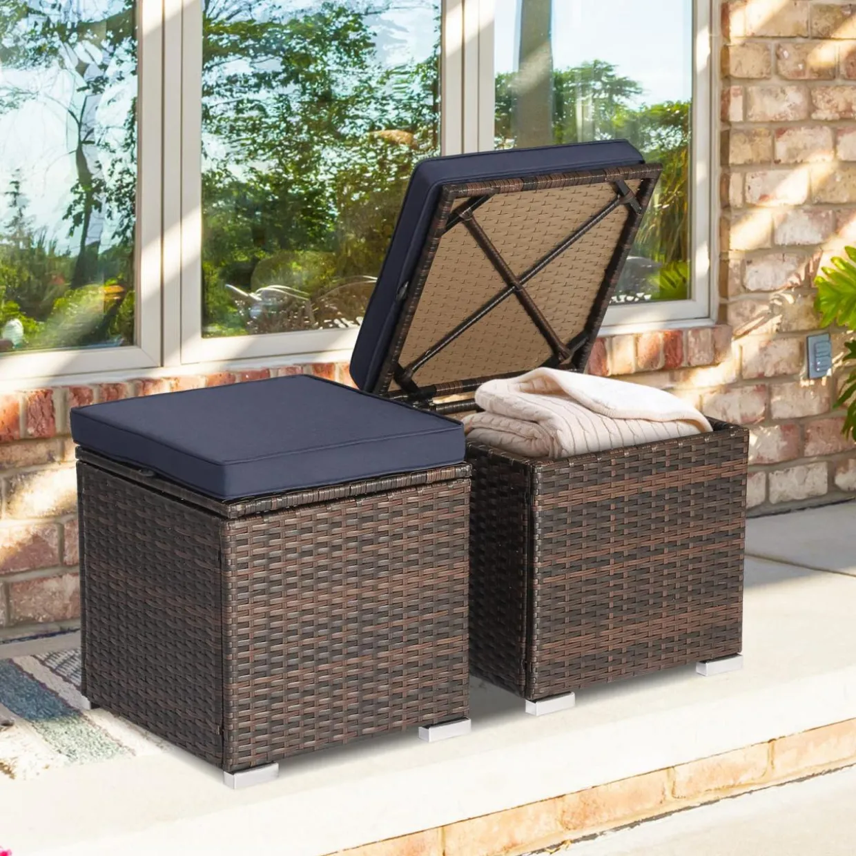 Tangkula 2 Pieces Patio Ottomans, Patiojoy Hand-Woven PE Rattan Side Table with Removable Cushion & Hidden Storage Space