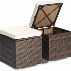 Tangkula 2 Pieces Patio Ottomans, Patiojoy Hand-Woven PE Rattan Side Table with Removable Cushion & Hidden Storage Space
