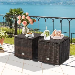Tangkula 2 Pieces Patio Ottomans, Patiojoy Hand-Woven PE Rattan Side Table with Removable Cushion & Hidden Storage Space