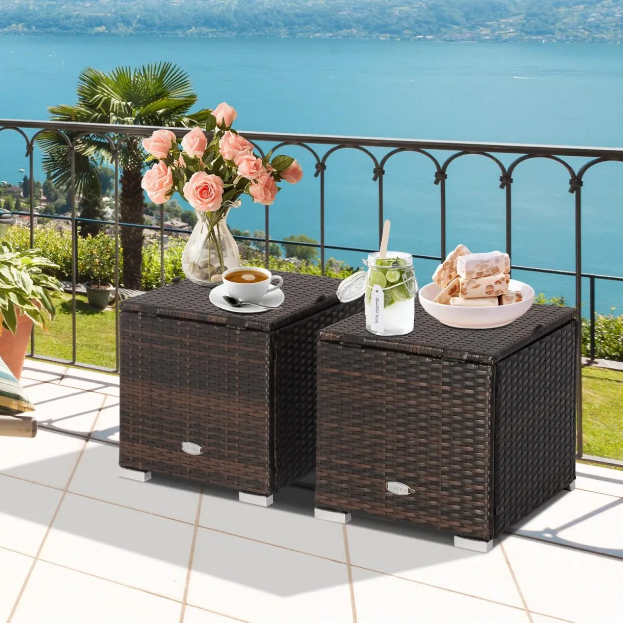 Tangkula 2 Pieces Patio Ottomans, Patiojoy Hand-Woven PE Rattan Side Table with Removable Cushion & Hidden Storage Space