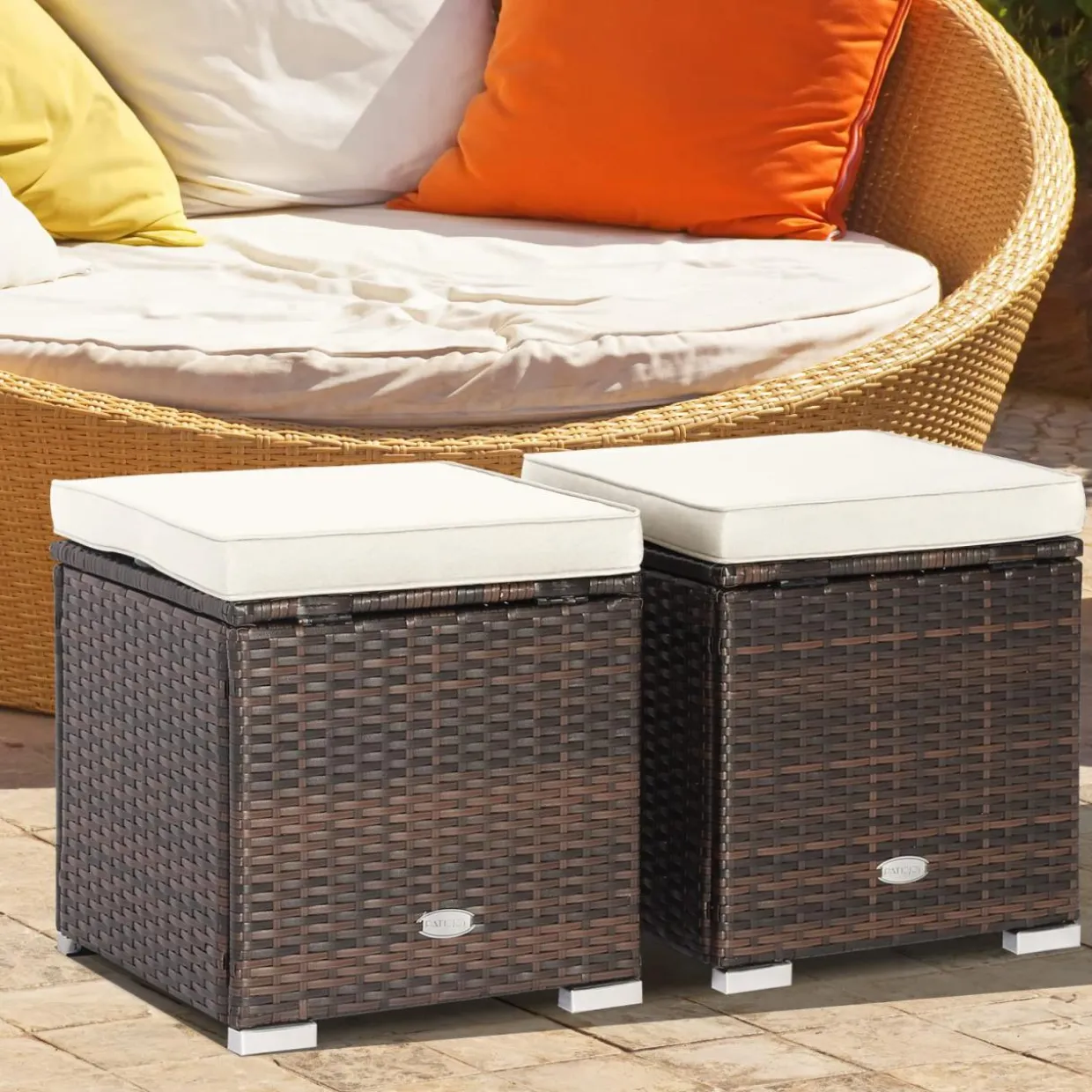 Tangkula 2 Pieces Patio Ottomans, Patiojoy Hand-Woven PE Rattan Side Table with Removable Cushion & Hidden Storage Space