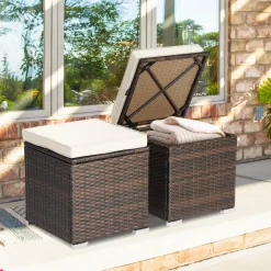 Tangkula 2 Pieces Patio Ottomans, Patiojoy Hand-Woven PE Rattan Side Table with Removable Cushion & Hidden Storage Space