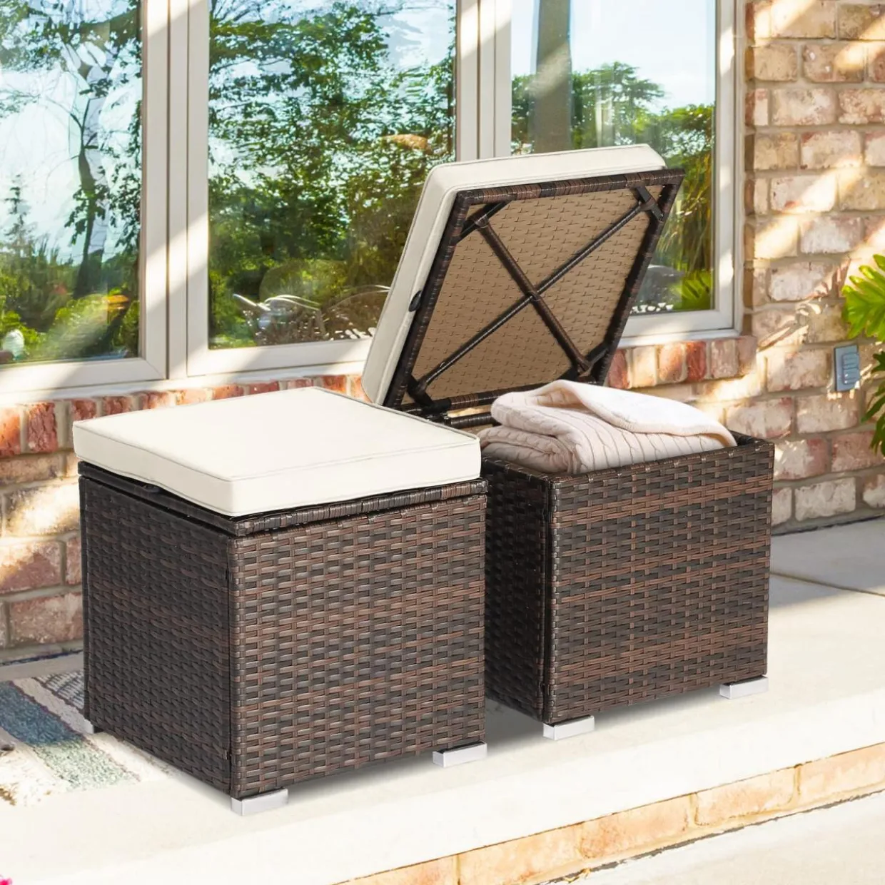 Tangkula 2 Pieces Patio Ottomans, Patiojoy Hand-Woven PE Rattan Side Table with Removable Cushion & Hidden Storage Space