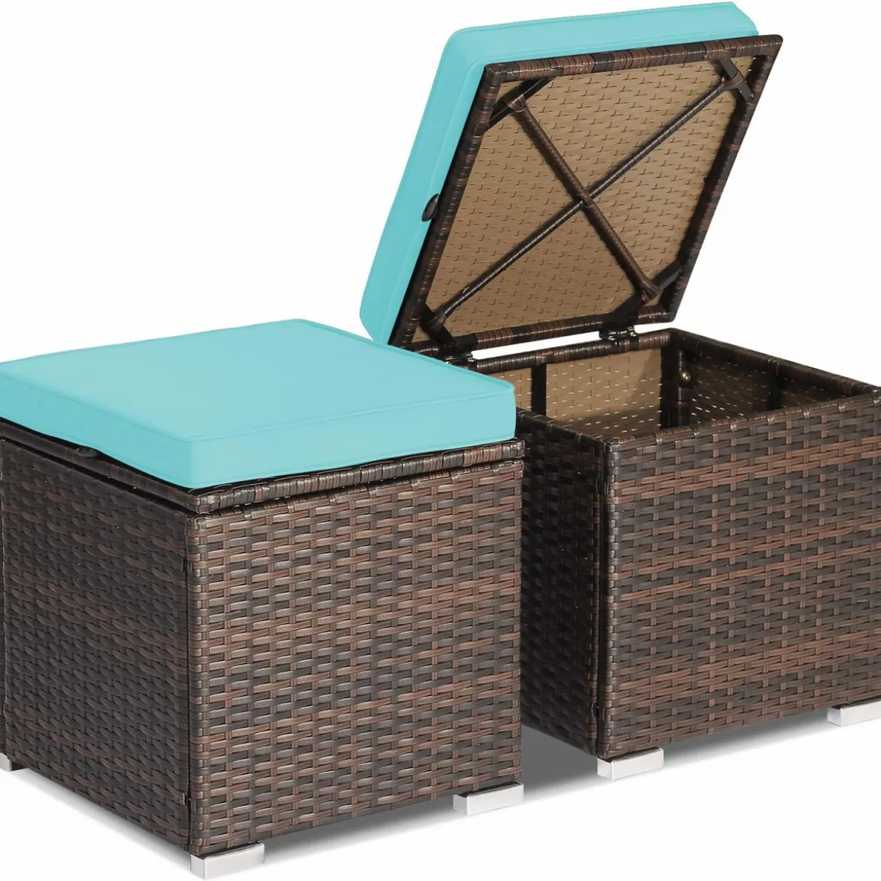 Tangkula 2 Pieces Patio Ottomans, Patiojoy Hand-Woven PE Rattan Side Table with Removable Cushion & Hidden Storage Space