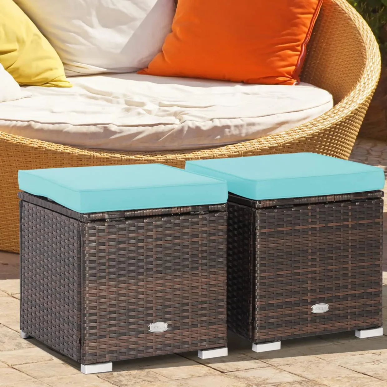 Tangkula 2 Pieces Patio Ottomans, Patiojoy Hand-Woven PE Rattan Side Table with Removable Cushion & Hidden Storage Space