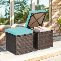 Tangkula 2 Pieces Patio Ottomans, Patiojoy Hand-Woven PE Rattan Side Table with Removable Cushion & Hidden Storage Space