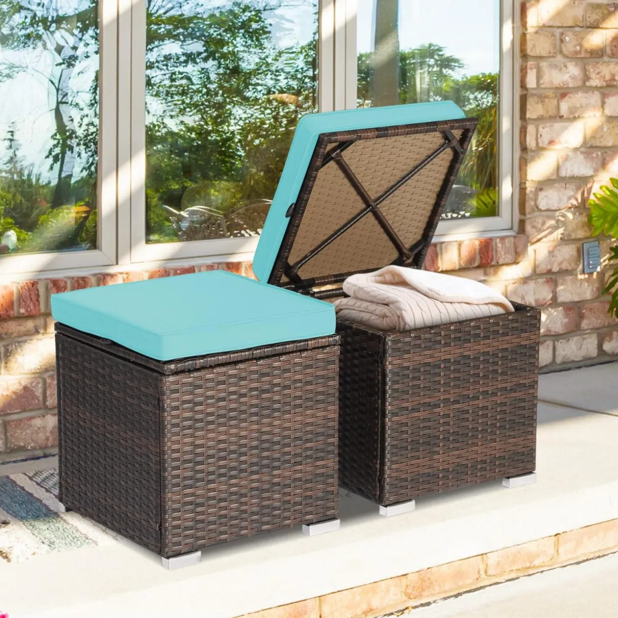 Tangkula 2 Pieces Patio Ottomans, Patiojoy Hand-Woven PE Rattan Side Table with Removable Cushion & Hidden Storage Space