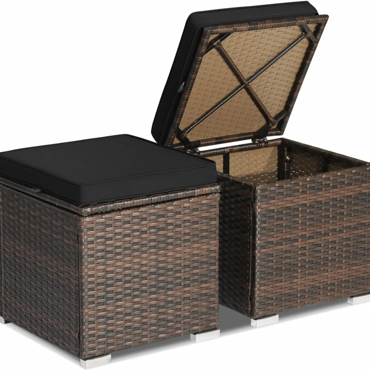 Tangkula 2 Pieces Patio Ottomans, Patiojoy Hand-Woven PE Rattan Side Table with Removable Cushion & Hidden Storage Space