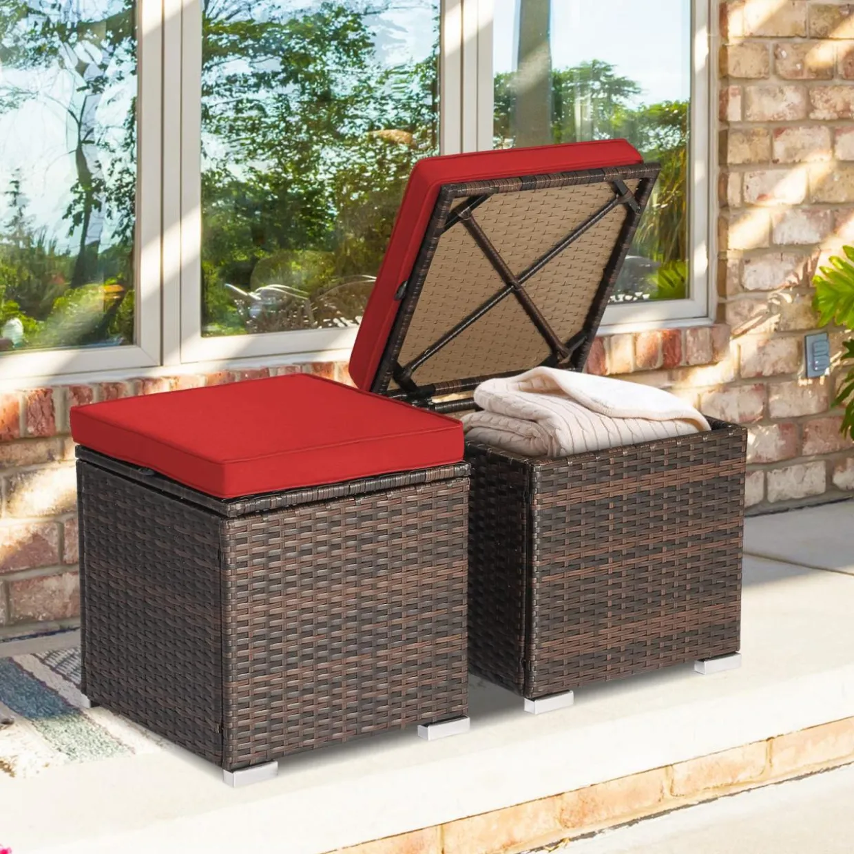 Tangkula 2 Pieces Patio Ottomans, Patiojoy Hand-Woven PE Rattan Side Table with Removable Cushion & Hidden Storage Space