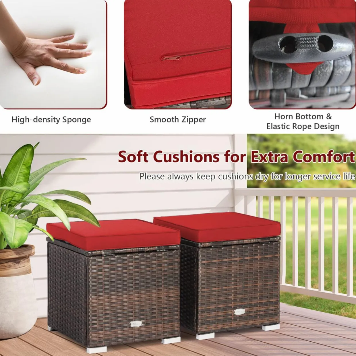 Tangkula 2 Pieces Patio Ottomans, Patiojoy Hand-Woven PE Rattan Side Table with Removable Cushion & Hidden Storage Space