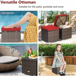 Tangkula 2 Pieces Patio Ottomans, Patiojoy Hand-Woven PE Rattan Side Table with Removable Cushion & Hidden Storage Space